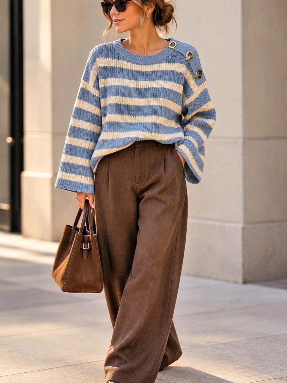 Lauren Ralph Lauren Striped Cotton Crewneck Sweater with Gold Shoulder Buttons